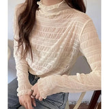 Women’s Floral Lace Mesh Mock Neck Long Sleeve Top
