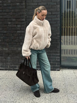 Bornladies New Women's Faux Fur Jacket Zipper Warm Plush Coat Oversized Soft Fluffy Stand Up Collar Autumn Winter Casual Jacket