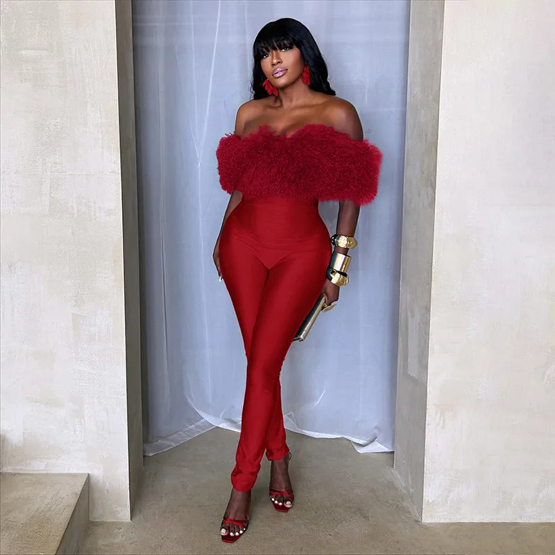 Elegant Off-Shoulder Fur Jumpsuit - Luxury Bodycon Party Wear