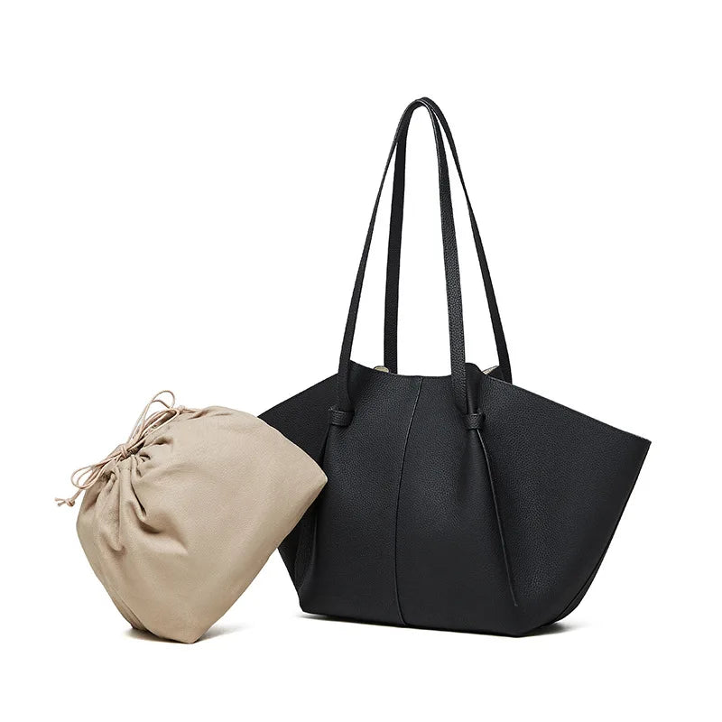 New Women's Large Capacity Cowhide Tote Fashionable Bat Wing Design Genuine Leather Handbag for Commuting Versatile Ladies Bag