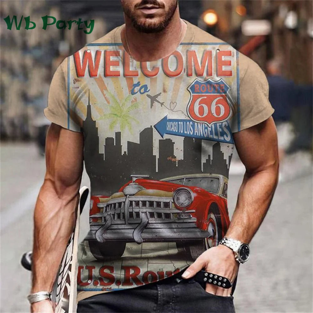 Vintage Route 66 Biker Print Men's Graphic Tee