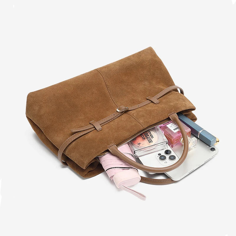 Oversized Suede Leather Briefcase Spacious Handheld Shoulder Crossbody Bag Women Slouchy Commuting Premium Light Luxury Handbag