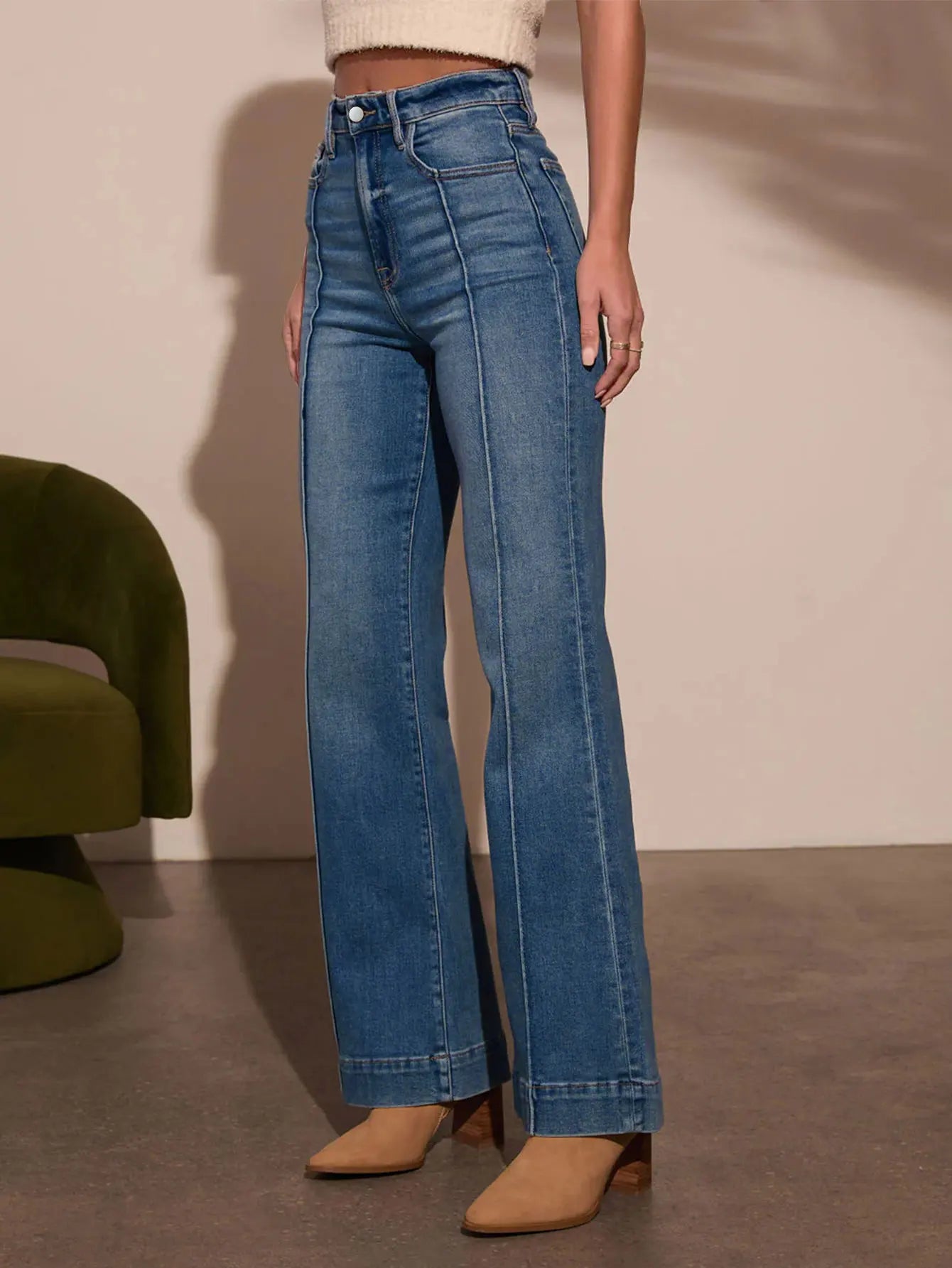 Women's Dark Blue High Waist Wide Leg Stretch Jeans