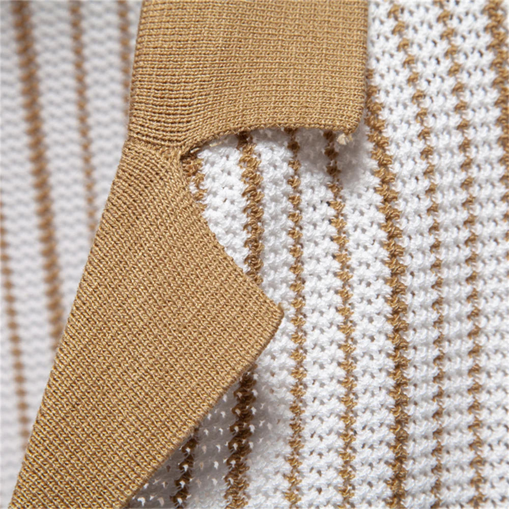 Men's Striped Mesh Polo – Contrast Panel, Breathable