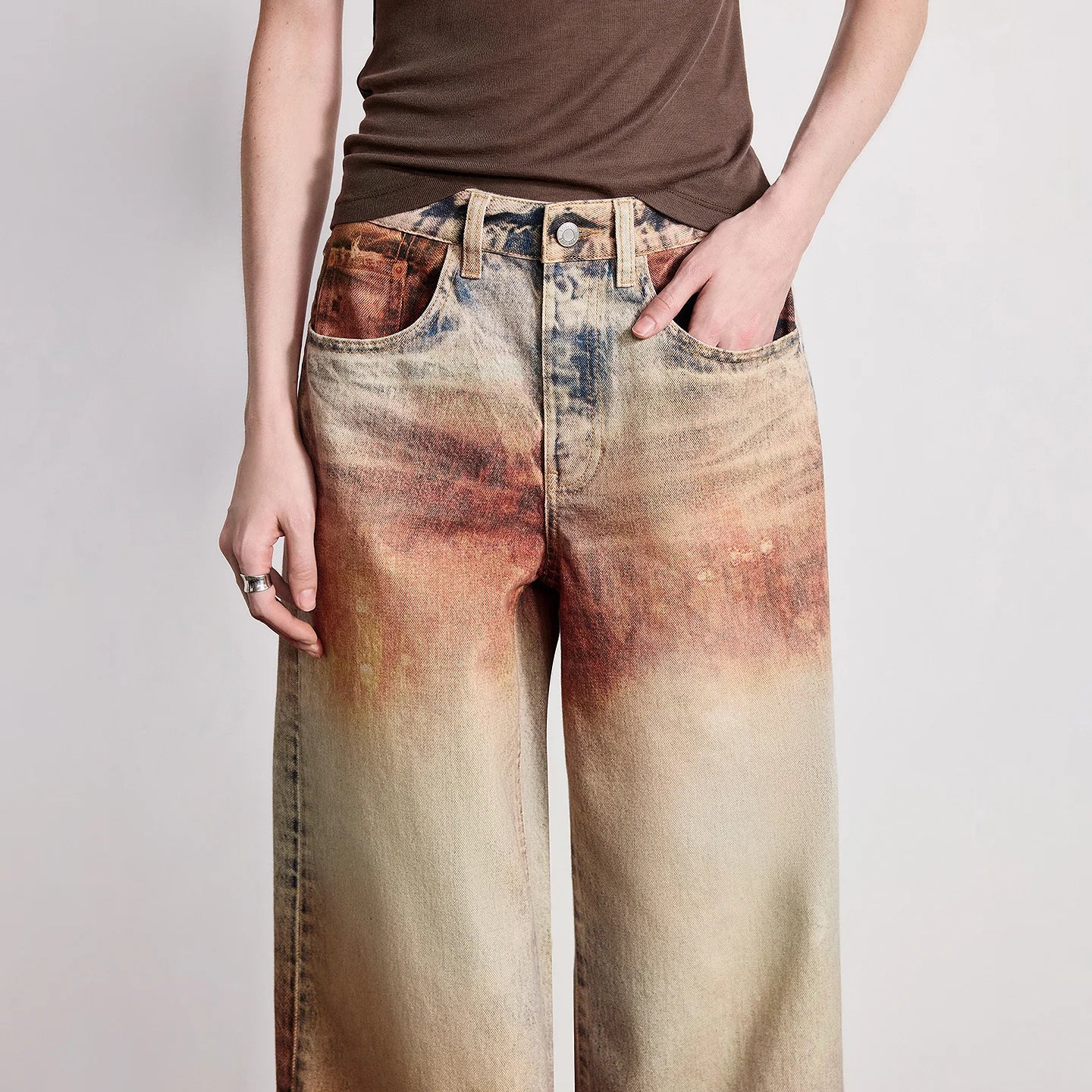 TOYOUTH Women Jeans 2026 Spring New Wilderness Wasteland Style Mid Low Waist Loose Printed Wide Leg Pants