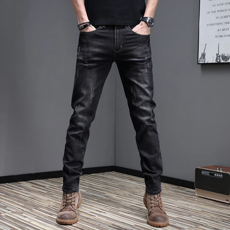 Embroidered Jeans Men's Autumn Winter New Korean Fashion Slim Little Feet Trousers Stretch Vintage Street Denim Trousers Male