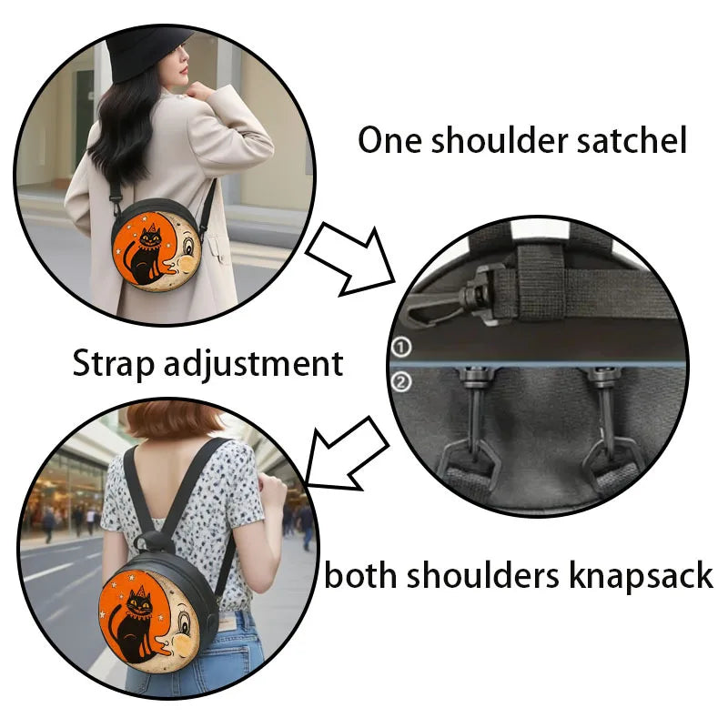 Women Orange White Cat Moon Round Crossbody Bag, Soft Light Zipper Shoulder Bag, Trendy Handbag for Work Shopping Travel
