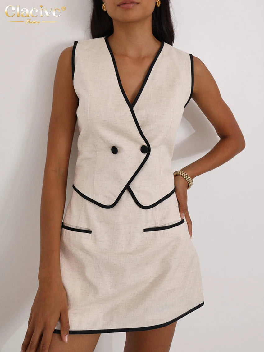 Clacive Summer Slim Khaki Cotton 2 Piece Set Woman Outfit 2025 Fashion Sleeveless Crop Top With High Waist Shorts Set Streetwear