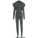 Faux Fur Collar Bodycon Jumpsuit - Slim Fit Cut-Out Streetwear Romper