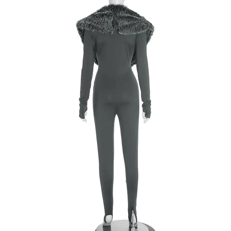 Faux Fur Collar Bodycon Jumpsuit - Slim Fit Cut-Out Streetwear Romper