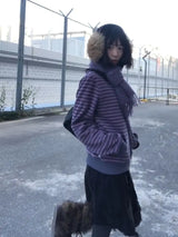 Y2K Vintage Zipper Hoodie Women Long Sleeve Subculture Purple Stripe Priint Harajuku Style Autumn Spting Casual Tops Streetwear