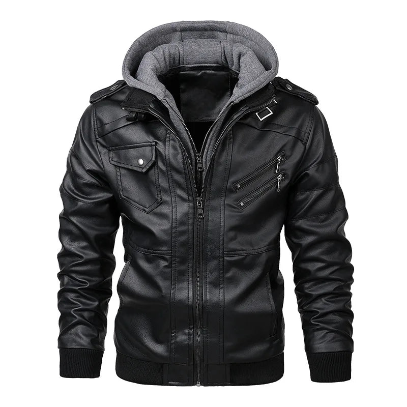 Men's Faux Leather Moto Jacket with Detachable Hood