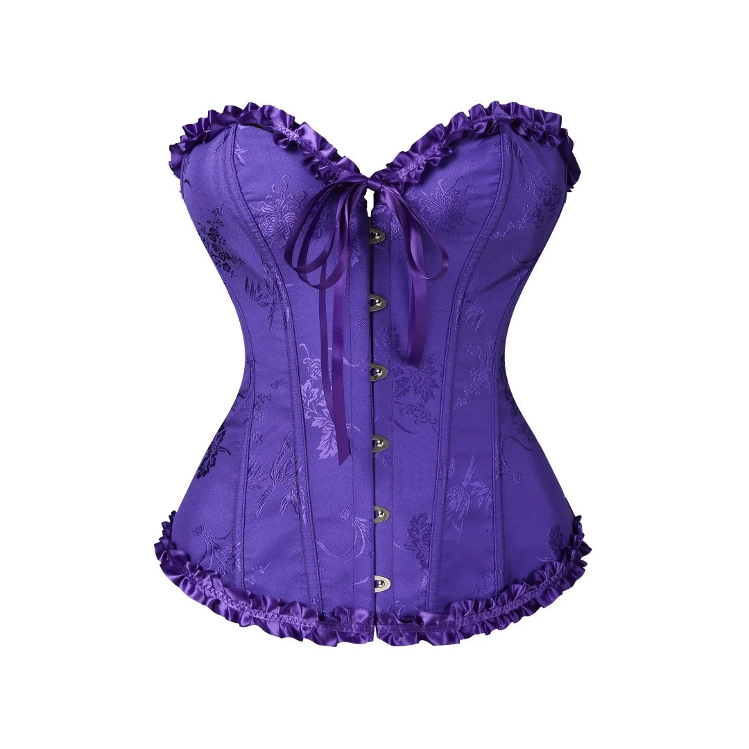 USA-Made Jacquard Ruffled Overbust Corset – Gothic Victorian Push-Up Bustier