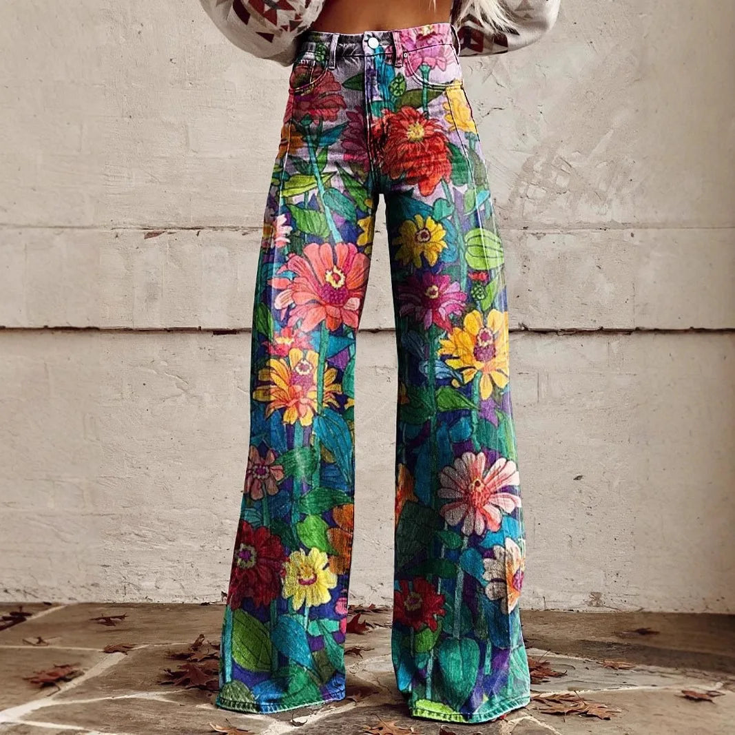Women’s Retro Denim-Print Flared Trousers | USA Street Style Leg-Lengthening Tall Pants