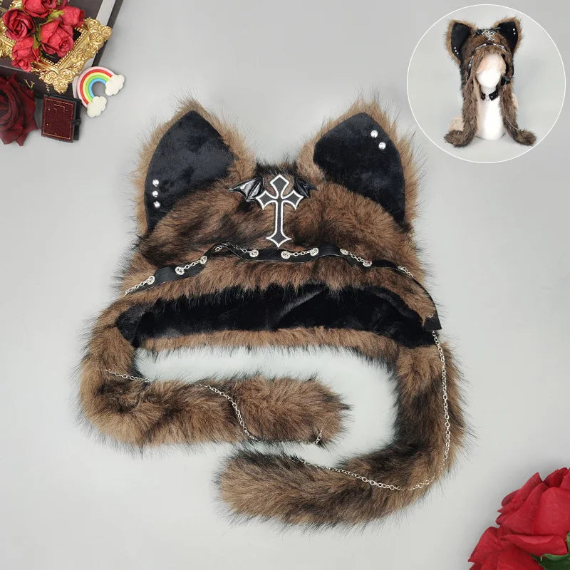 Gothic Plush Cat Ear Beanie – Y2K Punk Warm Cap