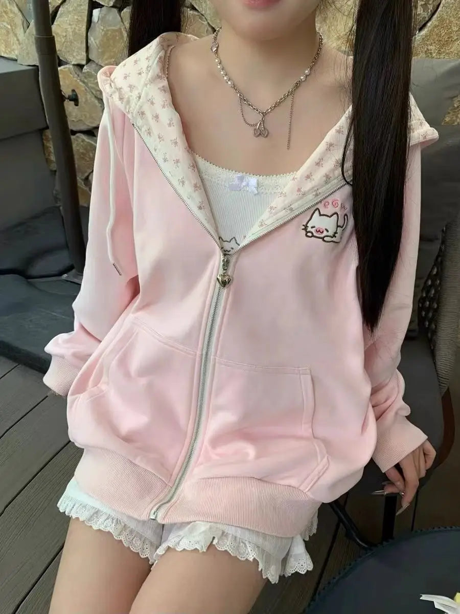 Women's Cat & Floral Print Zip-Up Hoodie