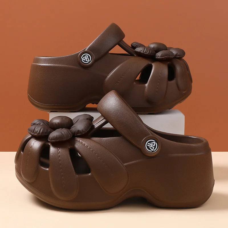 Women's Platform Clog Sandals with Flower Decor — EVA Wedge Beach Shoes