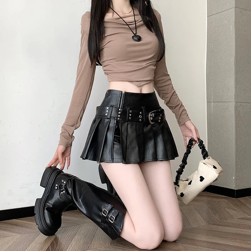 Women's Black Gothic Pleated Faux Leather Mini Skirt