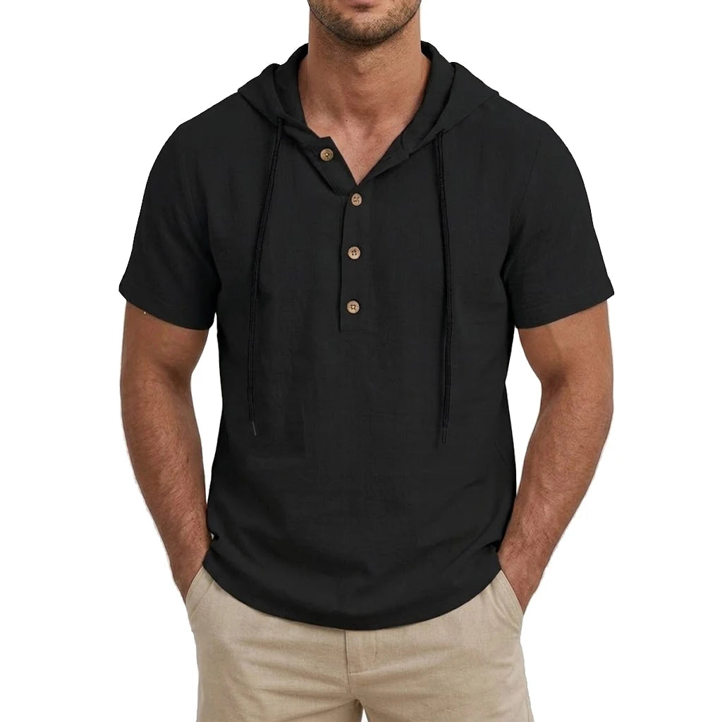 Men's Linen Cotton Hooded Shirt — Lightweight Short Sleeve Button Top
