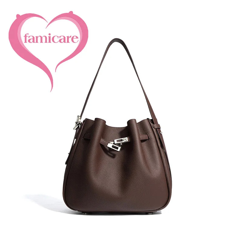 2025 High-End Women's Bucket Bag Lady Unique Drawstring Pleated Shoulder Bag Soft Split Cowhide Leather Cloud Tote Handbag New