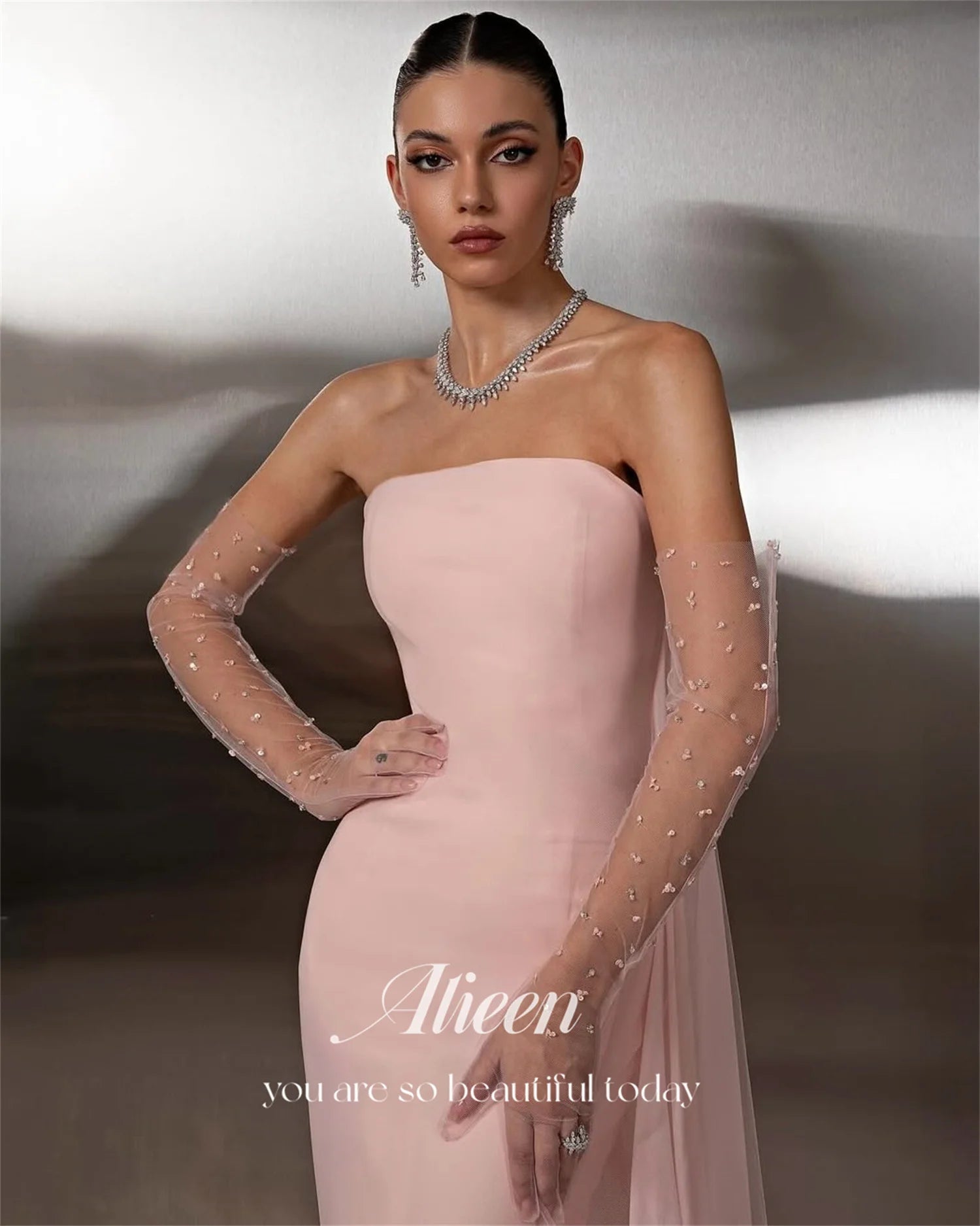 Pink Tulle Strapless Mermaid Evening Gown | Floral