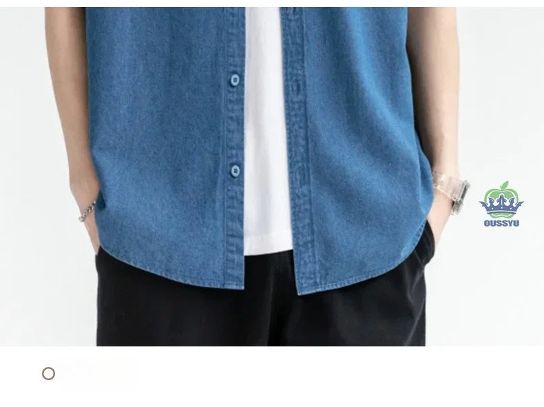 Men's Denim Shirt Long Sleeve Casual Outerwear Youth 2026 Fashion Streetwear Light Blue Button Up Top with Pockets Jeans Shirt