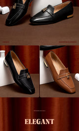 Women's Leather Loafers with Gold Lock Detail Square Toe Low Heel Penny Casual Office Slip-On Dress Shoes for Woman