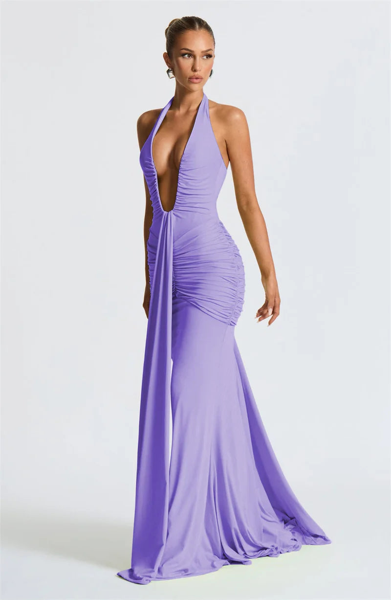 Elegant Deep V-Neck Halter Maxi Dress