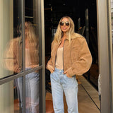 Vintage Suede Jacket For Women Long Sleeve Pocket Turn-down Collar Zipper Short Coat 2025 Autumn Winter Streetwear Lady Outwears