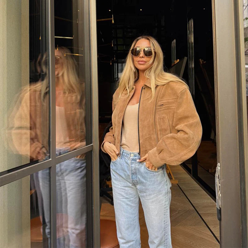 Vintage Suede Jacket For Women Long Sleeve Pocket Turn-down Collar Zipper Short Coat 2025 Autumn Winter Streetwear Lady Outwears