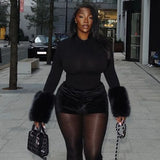 FAGADOER Winter New Sexy Fur Patchwork 2 Pieces Set for Woman Outfits Long Sleeves Bodycon Playsuits + Shorts Female Streetwear
