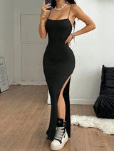 Y2K Woven Tape Split Maxi Dress
