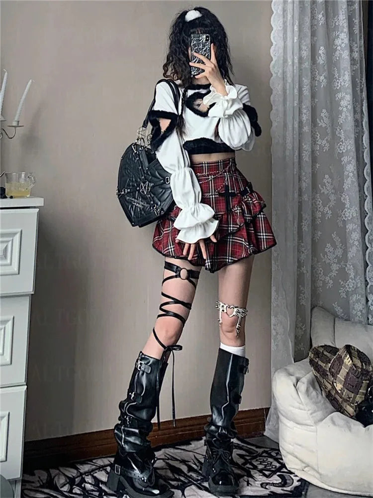 Red Plaid Gothic High-Waist Mini Skirt | Alt Fairycore Y2K