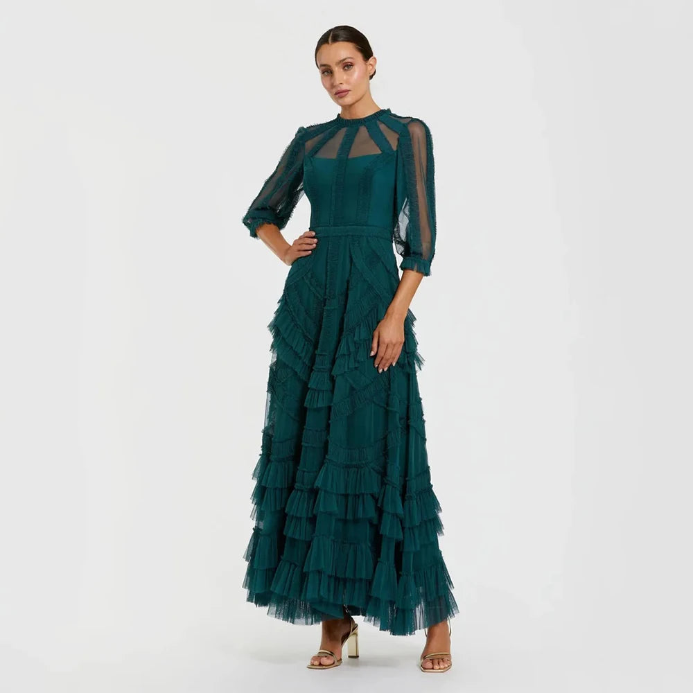 Customized Green Tulle High Quality Evening Dresses O-neck for Floor-Length Tiered A-line for Formal Evening Vestidos De Fiesta