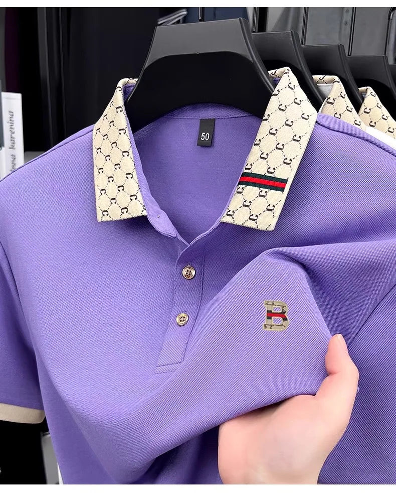 B Letter Embossed Short Sleeve Polo Shirt for Men
