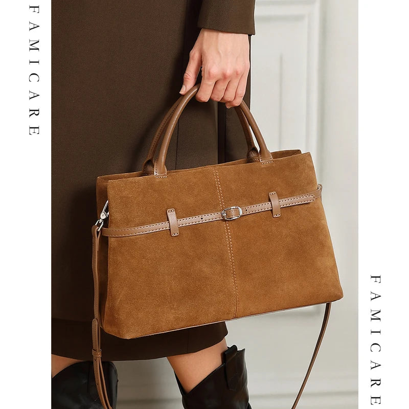 Oversized Suede Leather Briefcase Spacious Handheld Shoulder Crossbody Bag Women Slouchy Commuting Premium Light Luxury Handbag