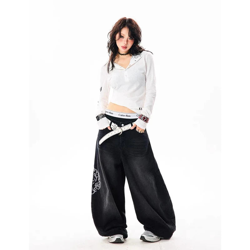 Women's Vintage Embroidery Y2K Wide Leg Baggy Jeans