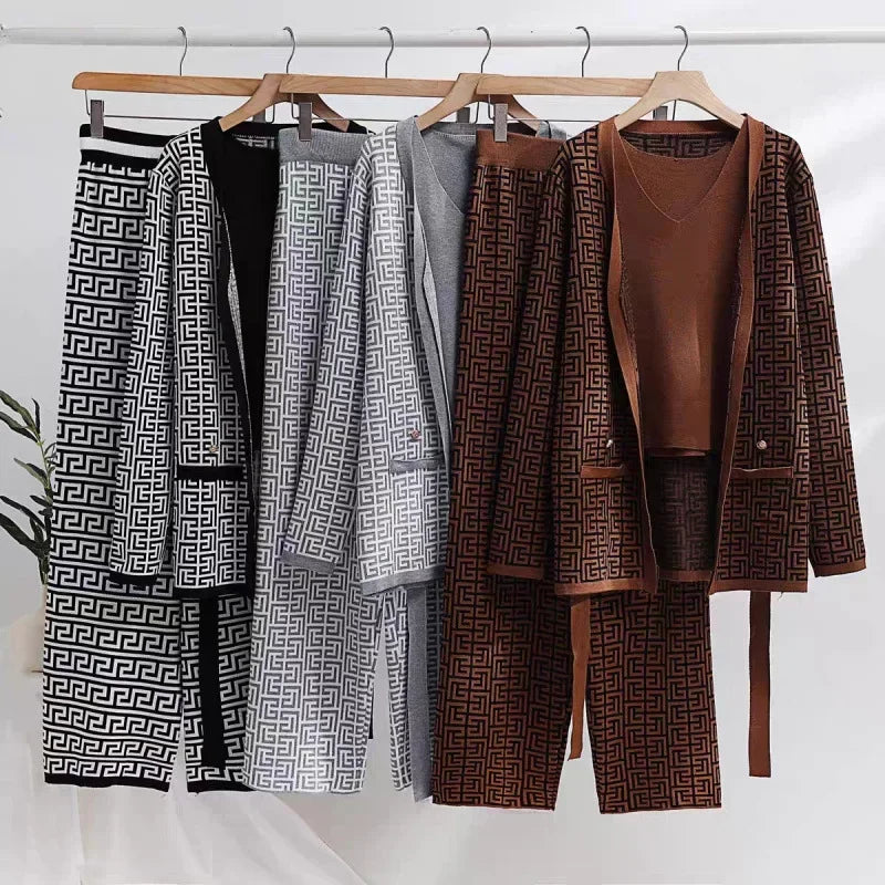3-Piece Women’s Knitted Set: V-Neck Belted Cardigan & High-Waist Wide-Leg Pants