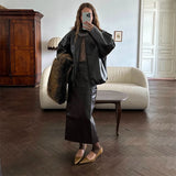 Pu Leather Jacket Skirt Sets Stand Collar Loose Coat Low Waist Solid Long Skirt Autumn Coats Skirt Sets 2025 New Lady Outfits