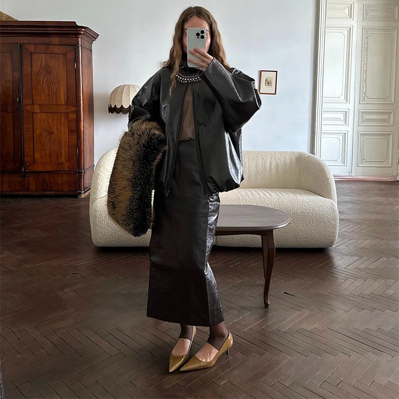 Pu Leather Jacket Skirt Sets Stand Collar Loose Coat Low Waist Solid Long Skirt Autumn Coats Skirt Sets 2025 New Lady Outfits