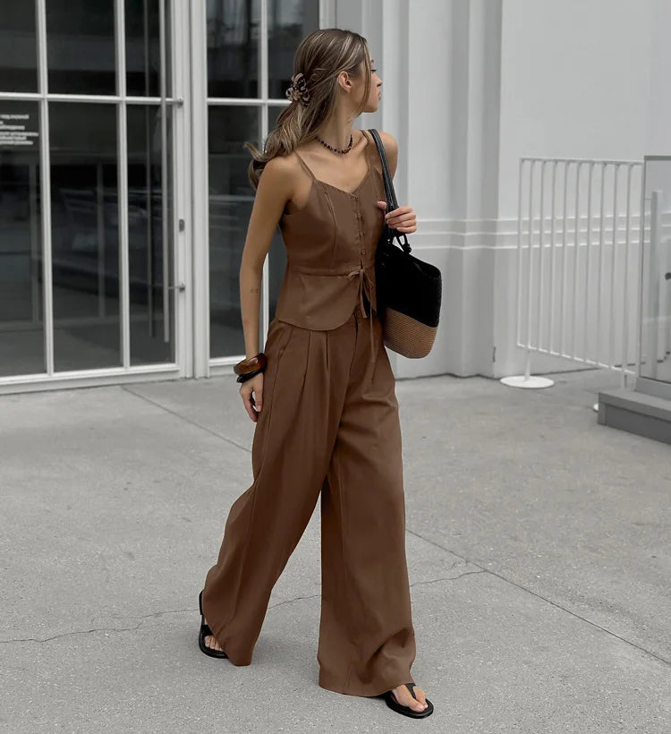 Mueyaruho Women 2026 Summer Office Pant Set Suits Solid Beige Outfits 2 Two Piece Wide Leg Matching Set For Women