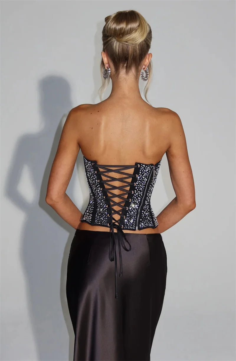 Mozision Sequins Sexy Dress Set Women Sparkle Scarf Collar Crop Tops And Maxi Skirt Elegant Club Party Satin Skirt Matching Set