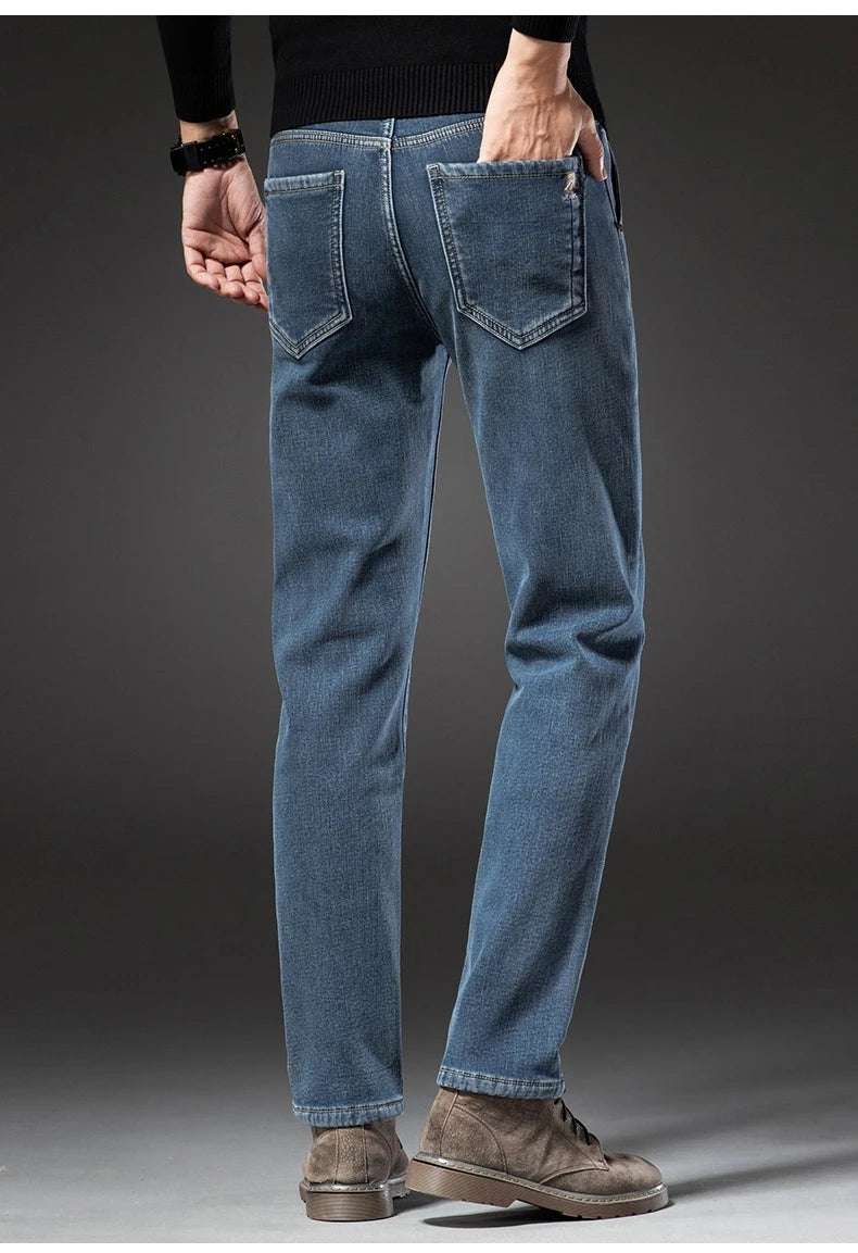 2025 Winter New Men's Fleece Thickened Jeans Retro Blue Hot Straight Casual Pants Stretch Premium Velvet Warm Denim Pants