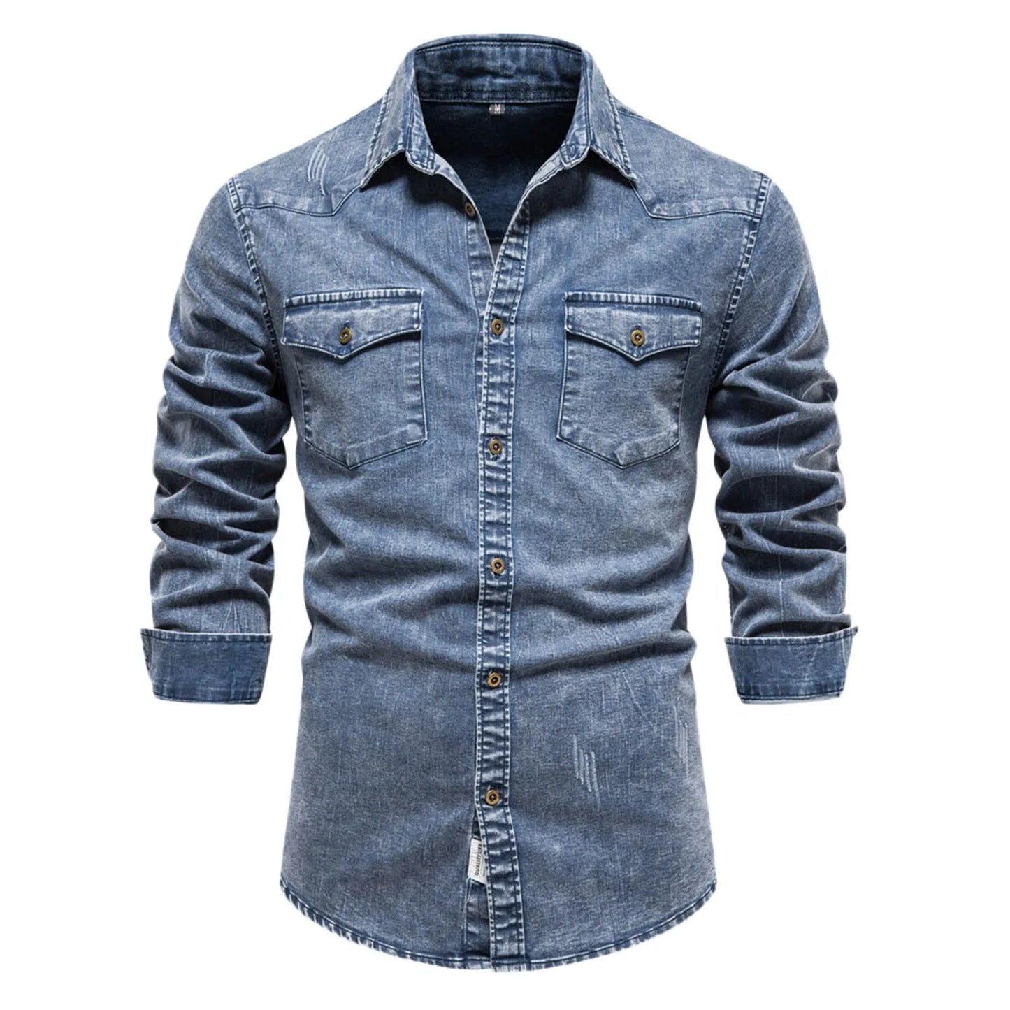 Curled Edge Sleeves Denim Shirts Men'S Slim Fitted Washed Classic Slim With Pocket Jeans Long Sleeve Shirt Camisa De Hombre