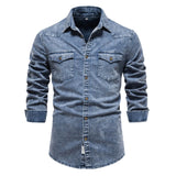 Curled Edge Sleeves Denim Shirts Men'S Slim Fitted Washed Classic Slim With Pocket Jeans Long Sleeve Shirt Camisa De Hombre