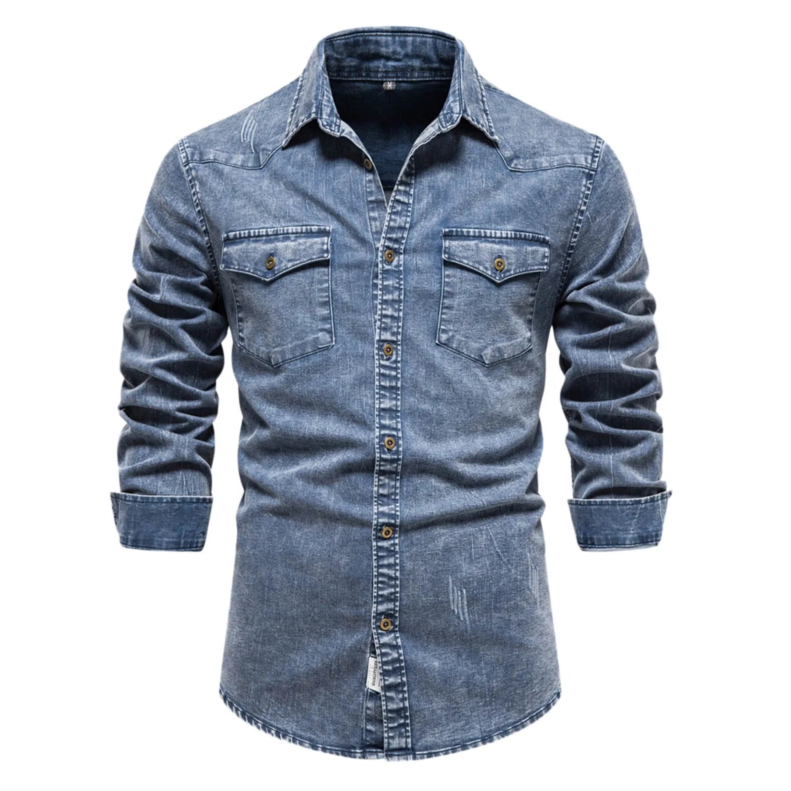 Curled Edge Sleeves Denim Shirts Men'S Slim Fitted Washed Classic Slim With Pocket Jeans Long Sleeve Shirt Camisa De Hombre