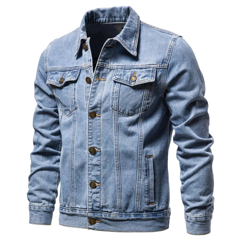 Vintage Solid Denim Motorcycle Jacket - Slim Fit Casual Cotton Coat