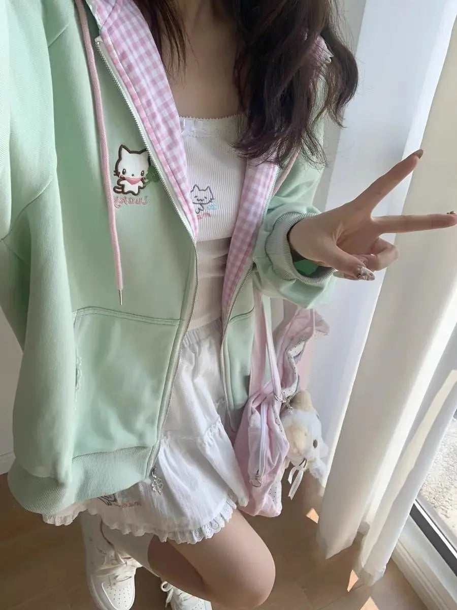 Women's Cat & Floral Print Zip-Up Hoodie