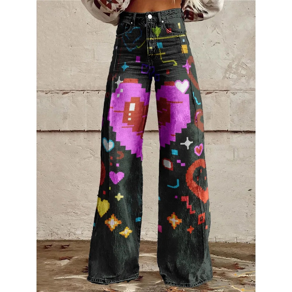 Pop Art Heart Wide-Leg Flare Pants
