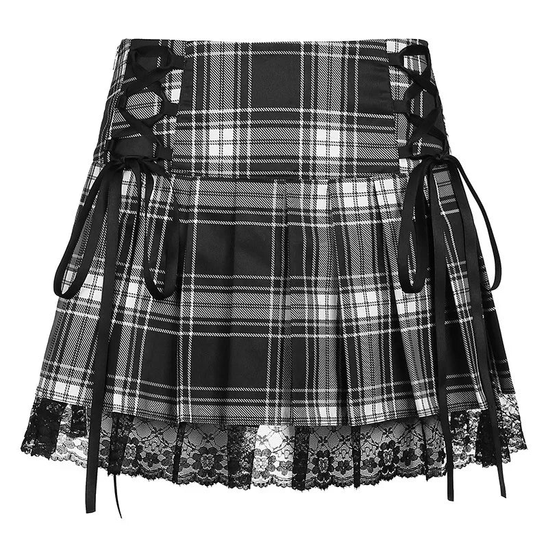 Pink Plaid Y2K Pleated Mini Skirt with Lace Trim